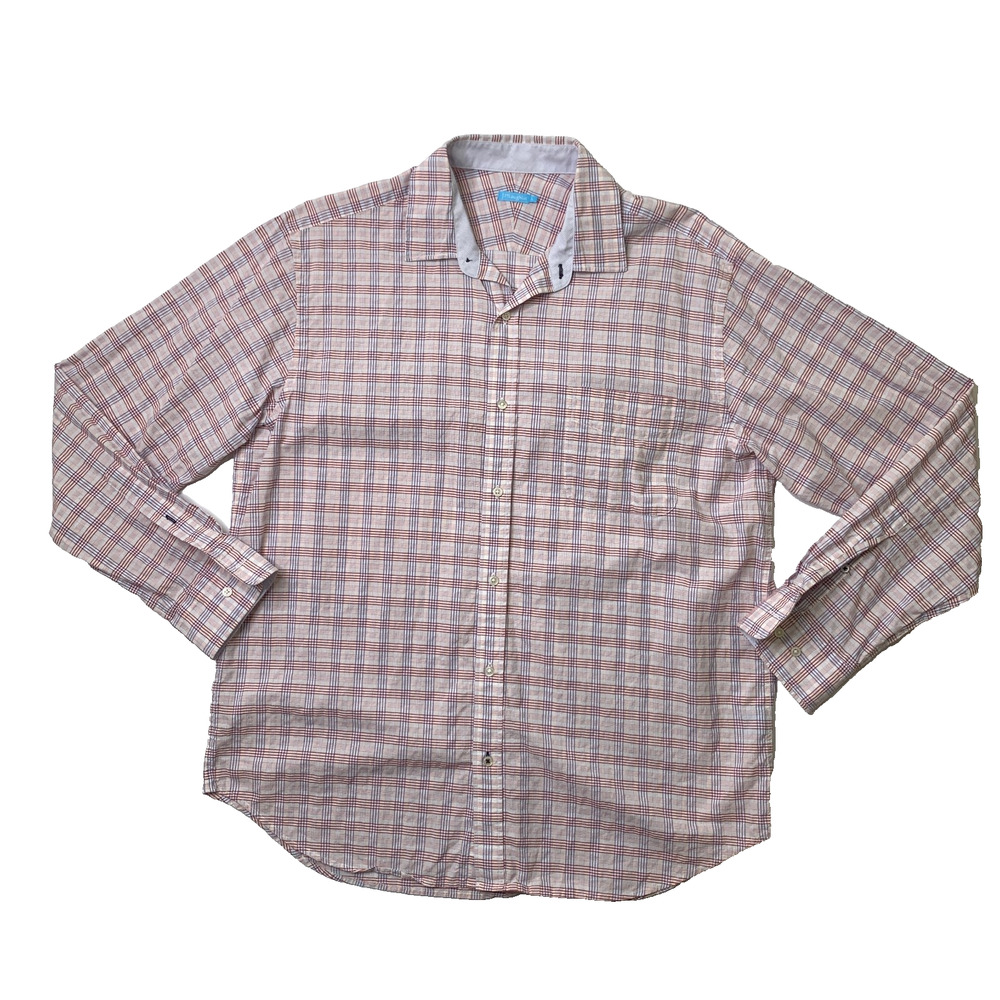 J McLaughlin Dress Shirt Men L Large White Plaid Long Sleeve Shirttail Button Up